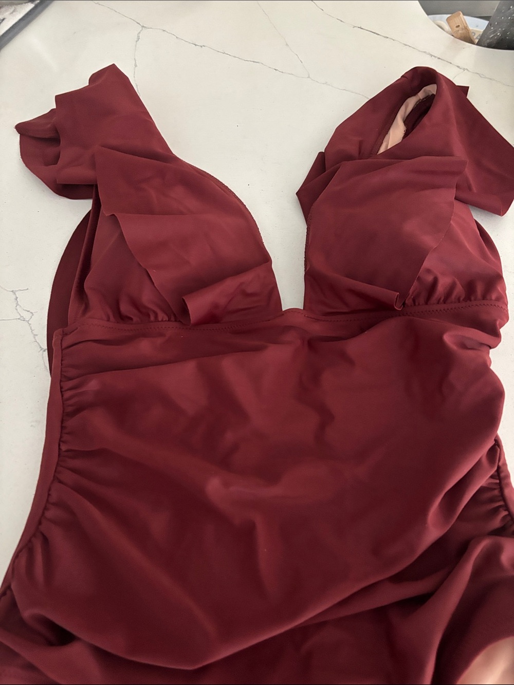 J. Crew Ruffled Deep-V One-Piece Swimsuit - Wine with Blush Lining